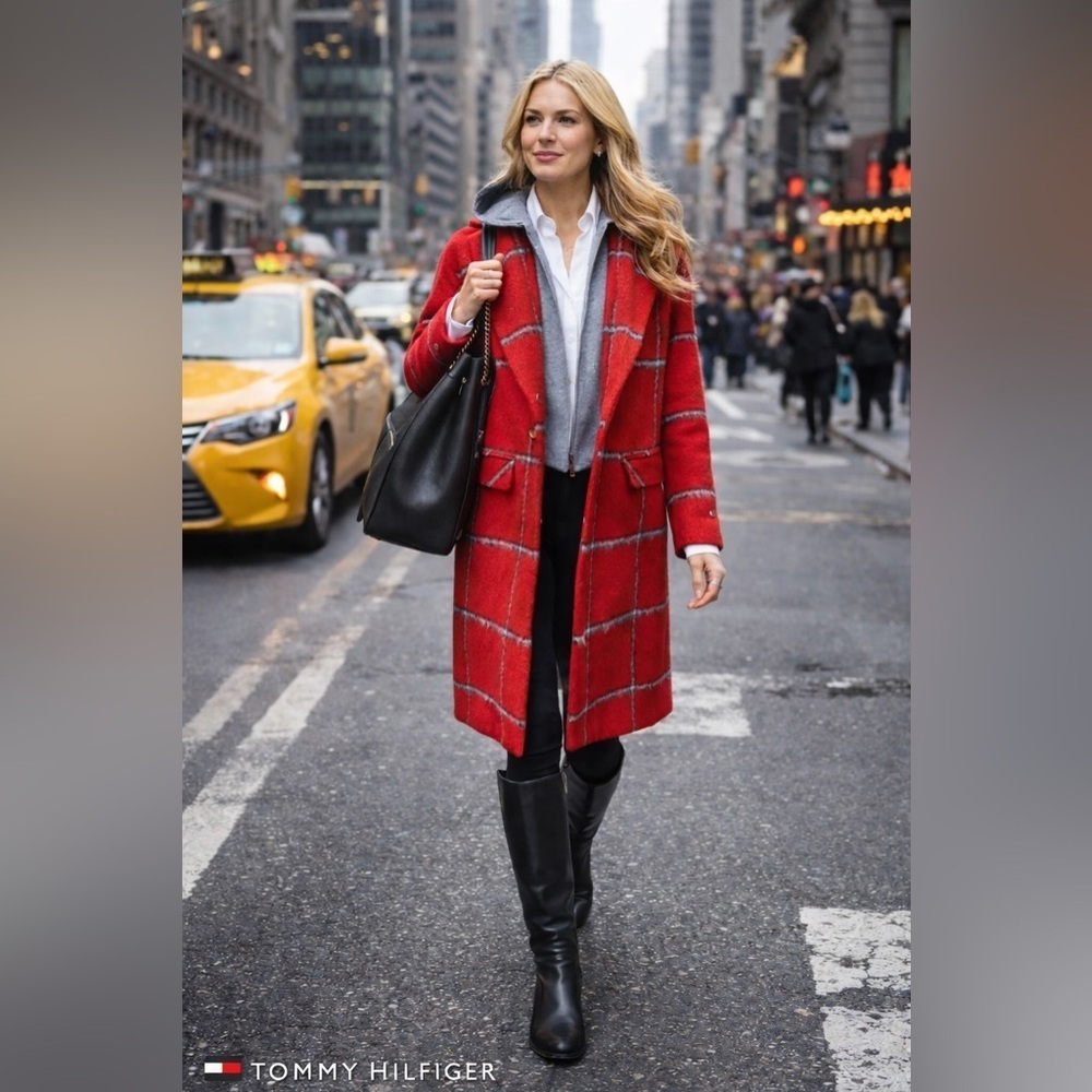 Tommy Hilfiger plaid double-layered hooded overcoat SZ XS